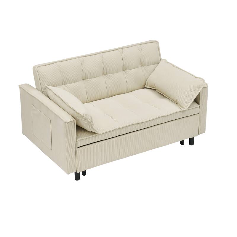 Corduroy Pull Out Loveseat Sofa Convertible Sleeper Love Seat Bed Adjustable Backrest Tufted Couch w2 Pillo & Pockets