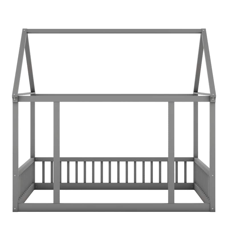 Gray Full Size Pine Wood Floor Bed with House Roof & Guardrails