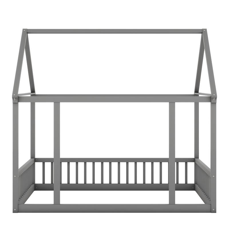 Twin/Full Size Floor Bed with Wooden House Roof Frame and Safety Guardrails for Children's Bedrooms, Small Space