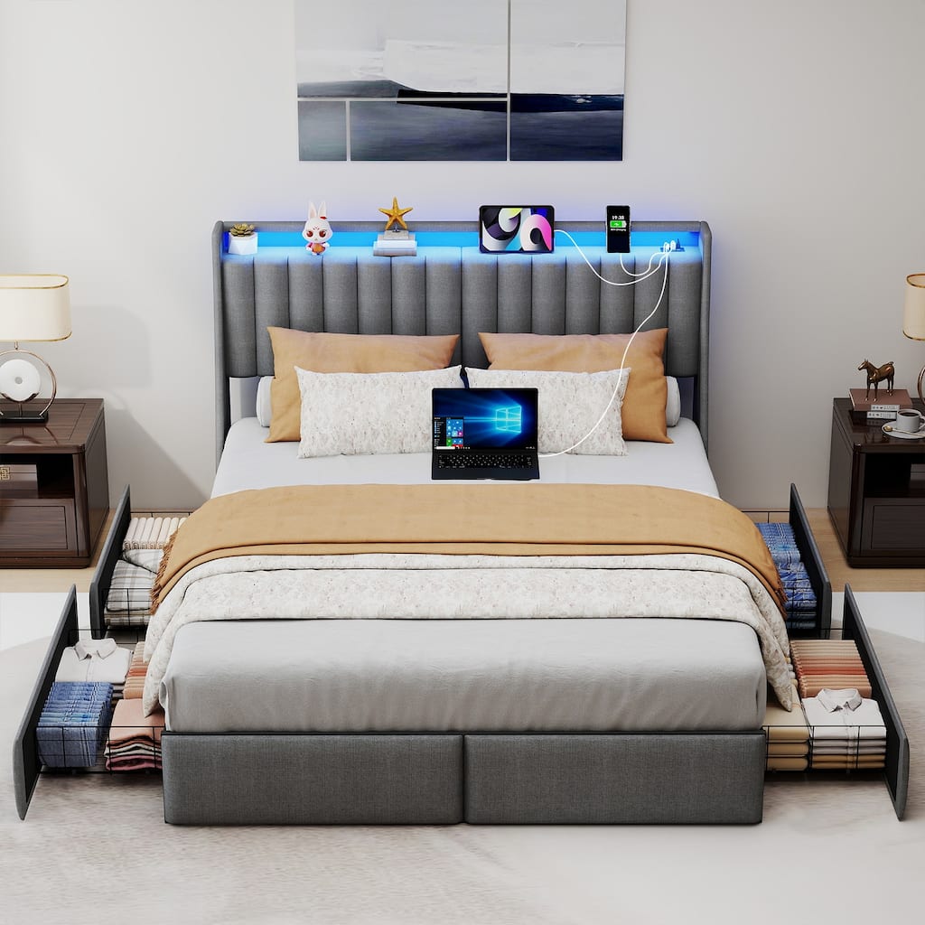 Full Size Upholstered Bed Frame with 4 Storage Drawers, LED Lights & Charging Station