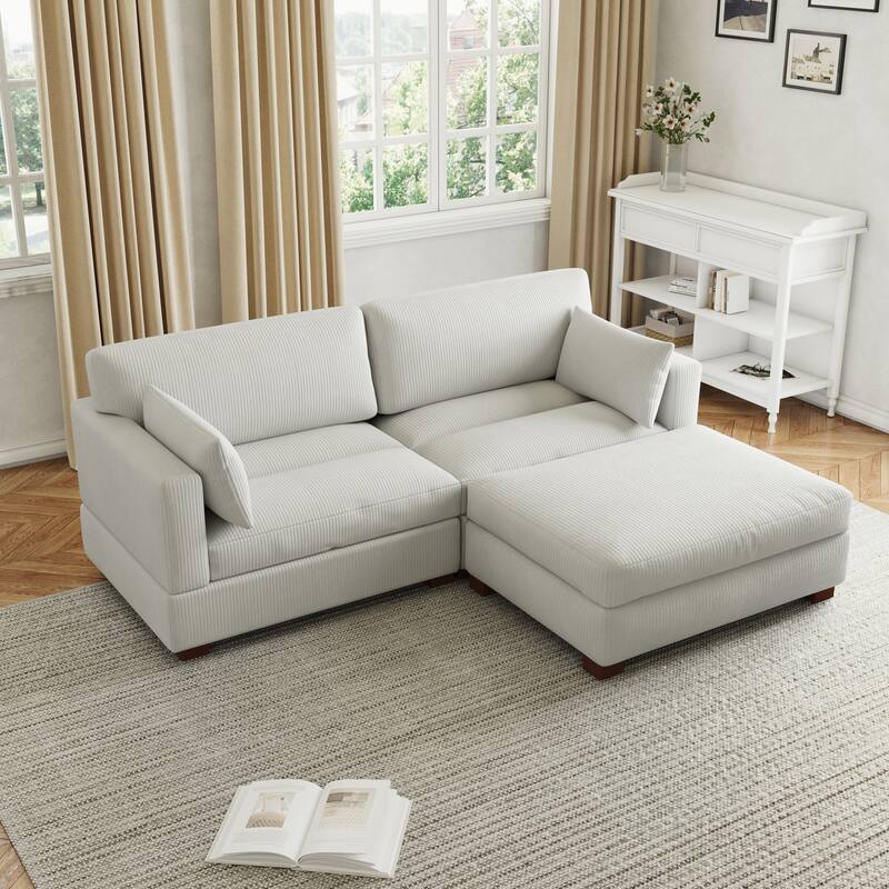 85in.W Corduroy Modular 3-Piece L-Shaped Sectional Sofa with Ottoman