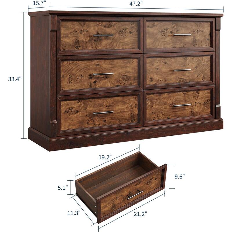 6 Drawer Dresser for Bedroom,Framhouse Large Chest of Drawers with Metal Handles
