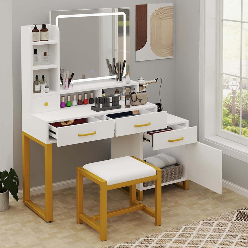 Vanity Desk Makeup Table Light Strip Mirror Dressing - 35.4"L x 15.7"W x 53.5"H - White LED strip