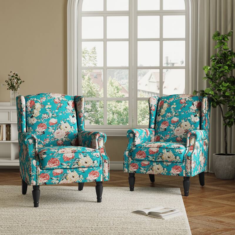2 Set Transitional Patterned Wingback Accent Chairs with NailHead
