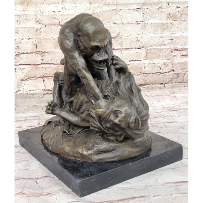 Bronze Sculpture Statue Of A Imitative Gorilla Vs. Imitative Lion By Clovis Edmon Mon