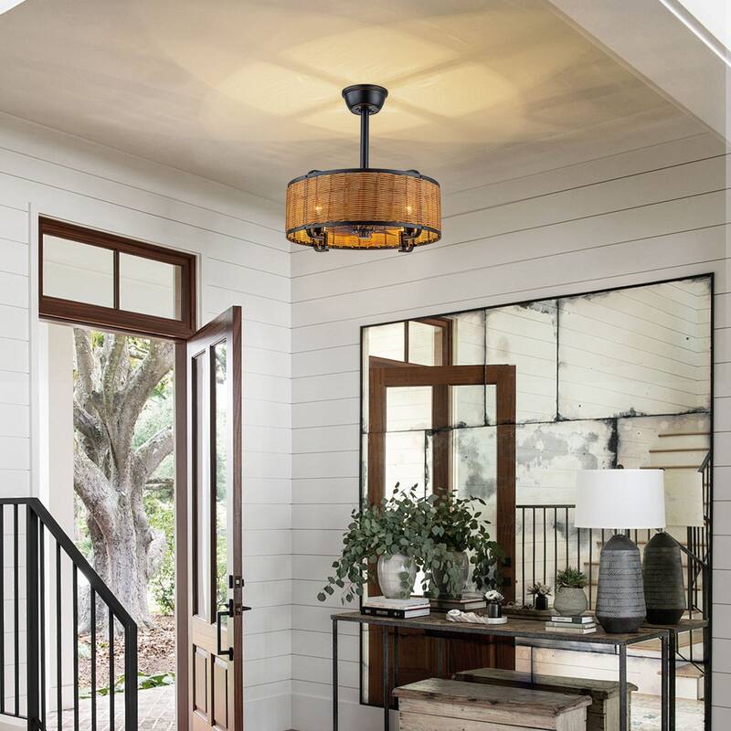 18.5 in. Farmhouse Rattan Ceiling Fan Chandelier with Remote - Black