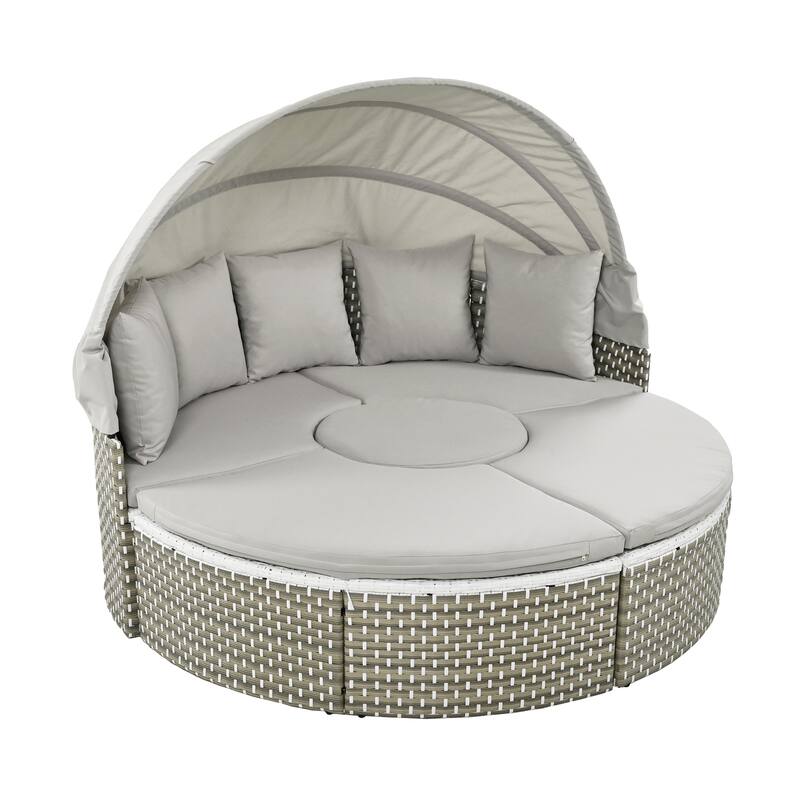 4-Pieces Outdoor Patio Rattan Round Daybed Sunbed with Retractable Canopy and Table