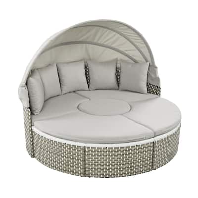 Patio Furniture, Round Outdoor Sectional Sofa Set, Rattan Daybed with Retractable Canopy, Removable Cushion