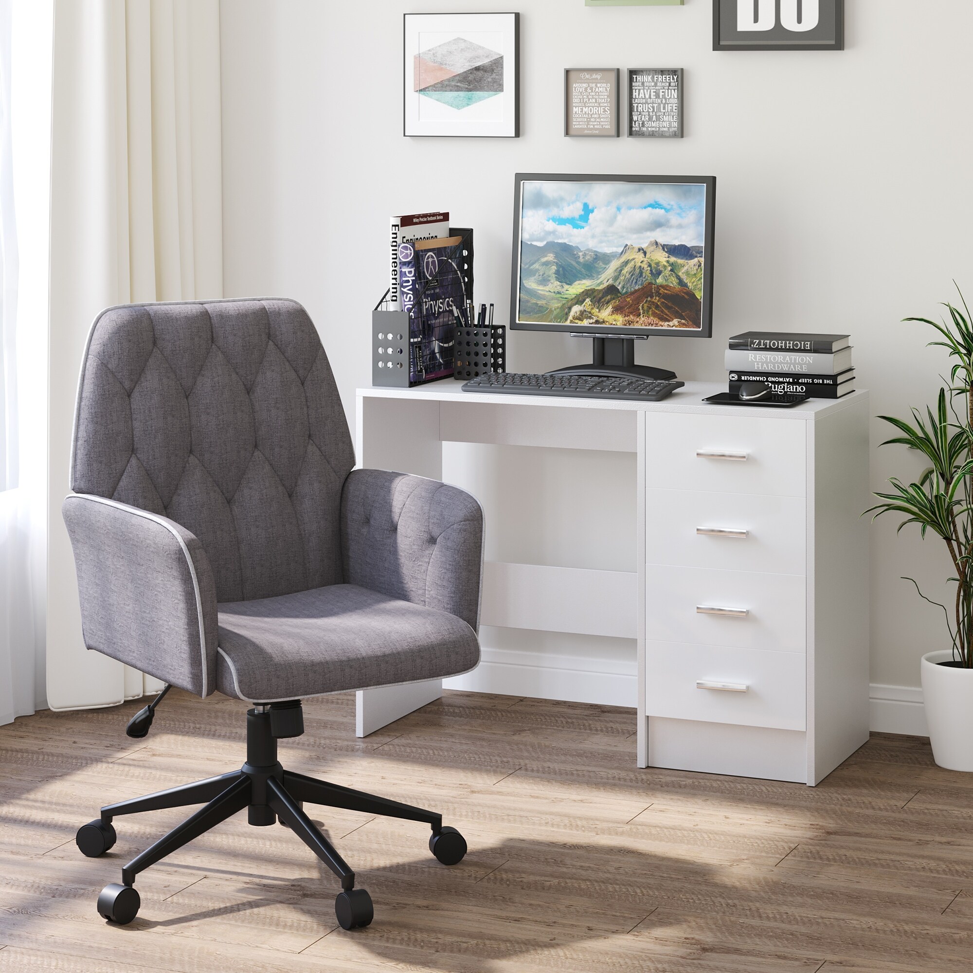HOMCOM Linen Home Office Chair Tufted Height Adjustable Computer Desk Chair with Swivel Wheels and Padded Armrests Dark Gray