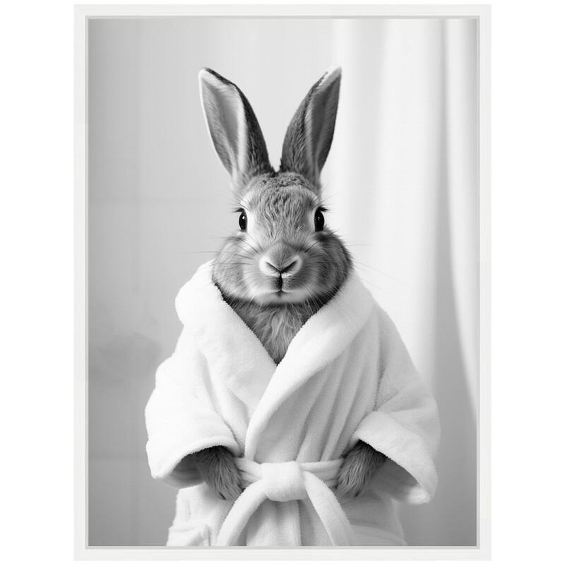 Kate and Laurel Sylvie Bunny Bathroom Art Towel Robe Black and White Framed Canvas by The Creative Bunch Studio