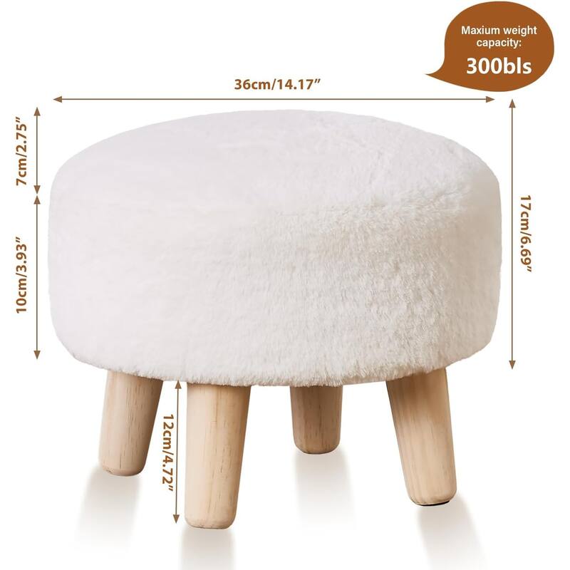Plush Faux Fleece Round Ottoman Footstool with Wooden Legs and Cozy Seat for Living Room