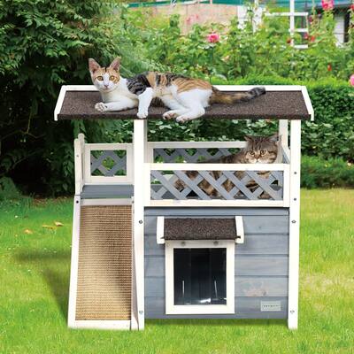 Cat House for Outdoor Weatherproof with Scratching Pad and Escape Door - Grey