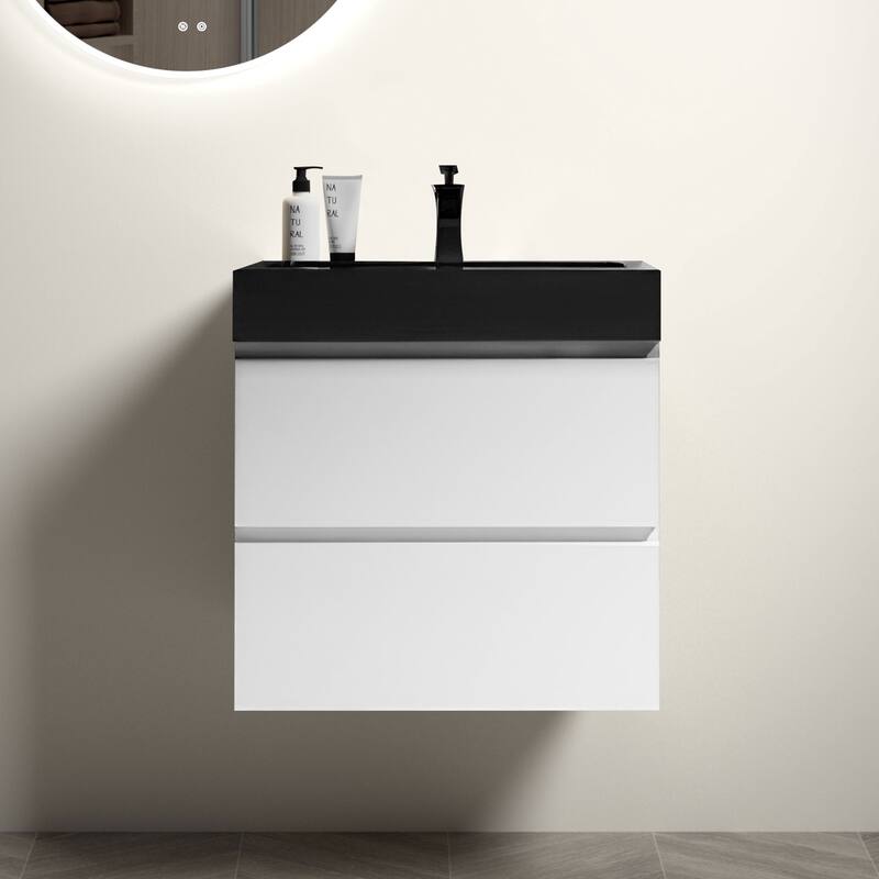 Modern Wall Mounted Bathroom Vanity with One-Piece Sink Basin without Drain and Faucet - White+Black
