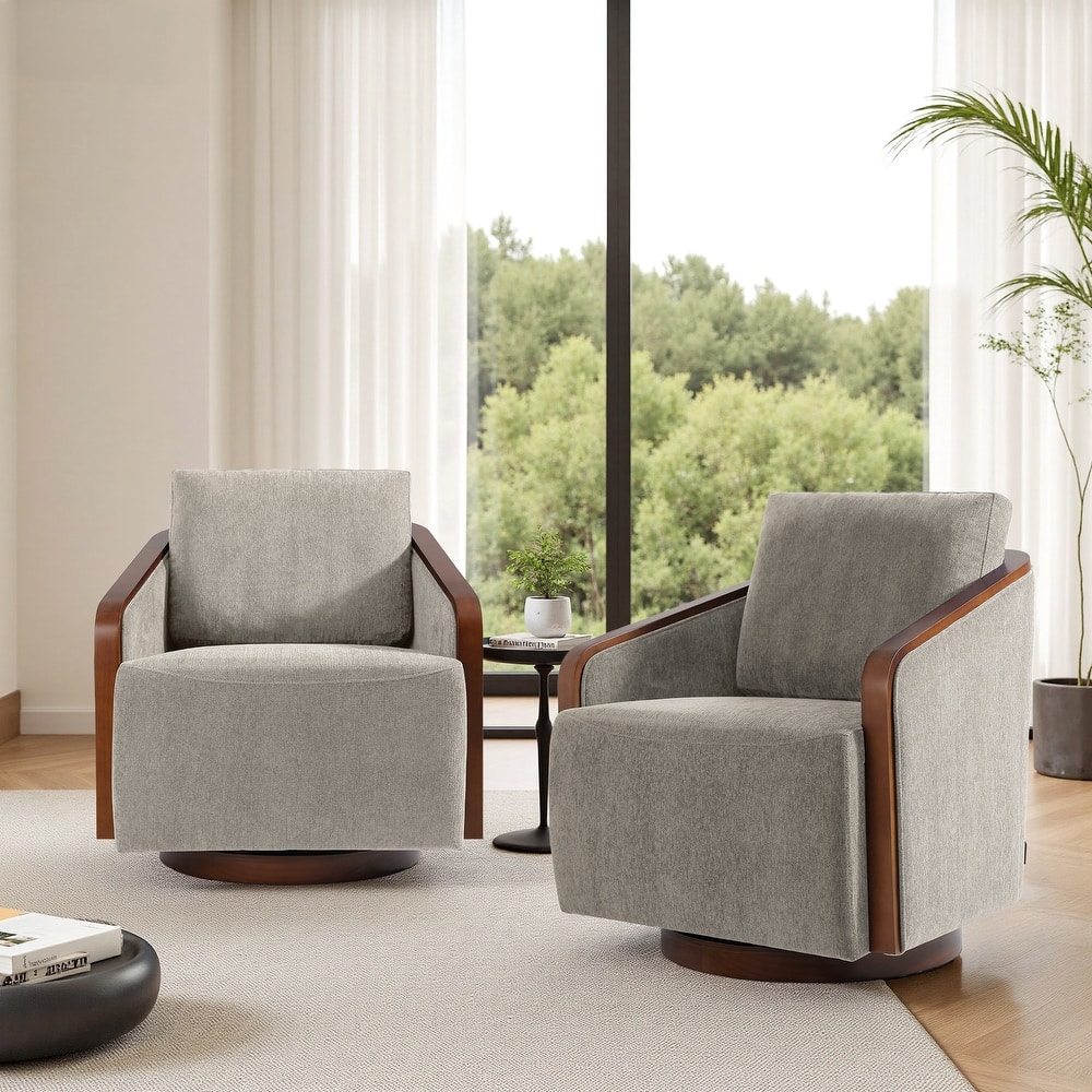 Set of 2 Modern Swivel Accent Barrel Chairs with Wood Arms
