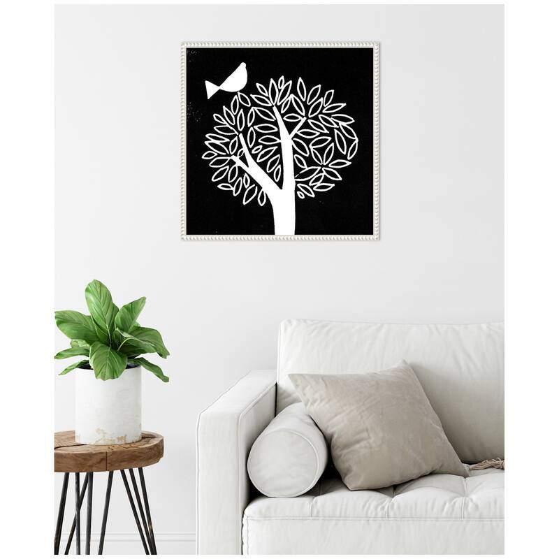 Kate and Laurel Sylvie Black and White Bird Tree Linocut Framed Canvas by Giuliana Lazzerini