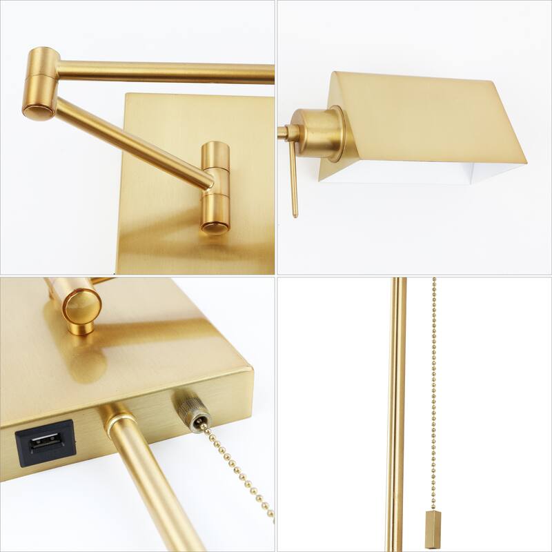 Curtis Farmhouse Swing Arm Plug-In or Hardwired Iron LED Wall Sconce with Pull-Chain with USB Charging Port, by JONATHAN Y