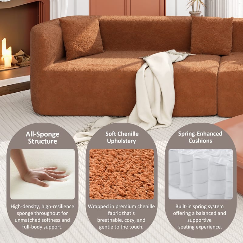 Curved Modern Sectional Sofa, 132" 2-Piece Chenille Modular Set with 4 Pillows and Plush Spring Cushions