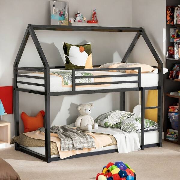 slide 2 of 9, Metal Twin over Twin House Shape Bunk Bed Frame with Ladder, Black Black