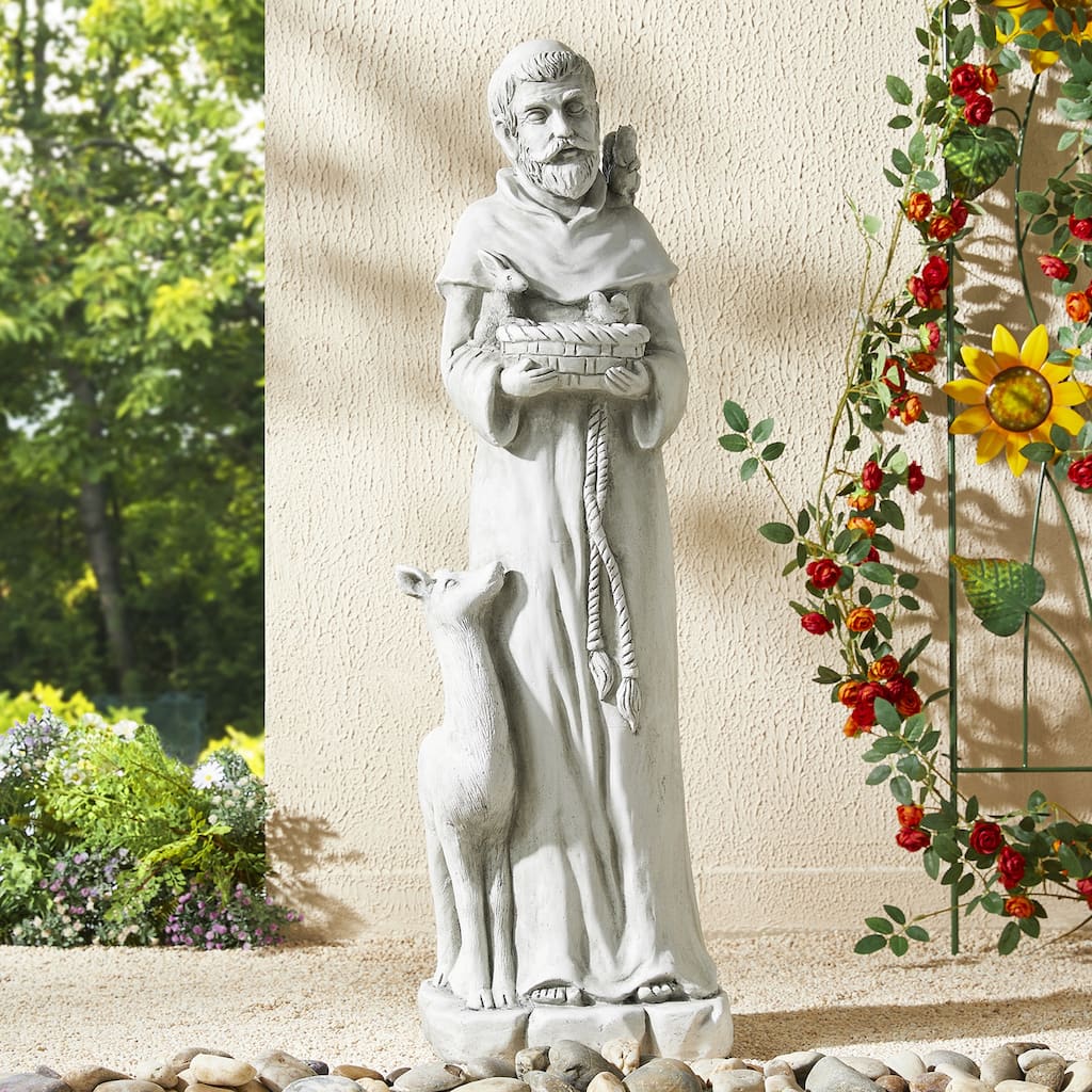 Glitzhome Vintage MgO Saint Francis Garden Statue Sculpture with Birdfeeder Feeding Animals