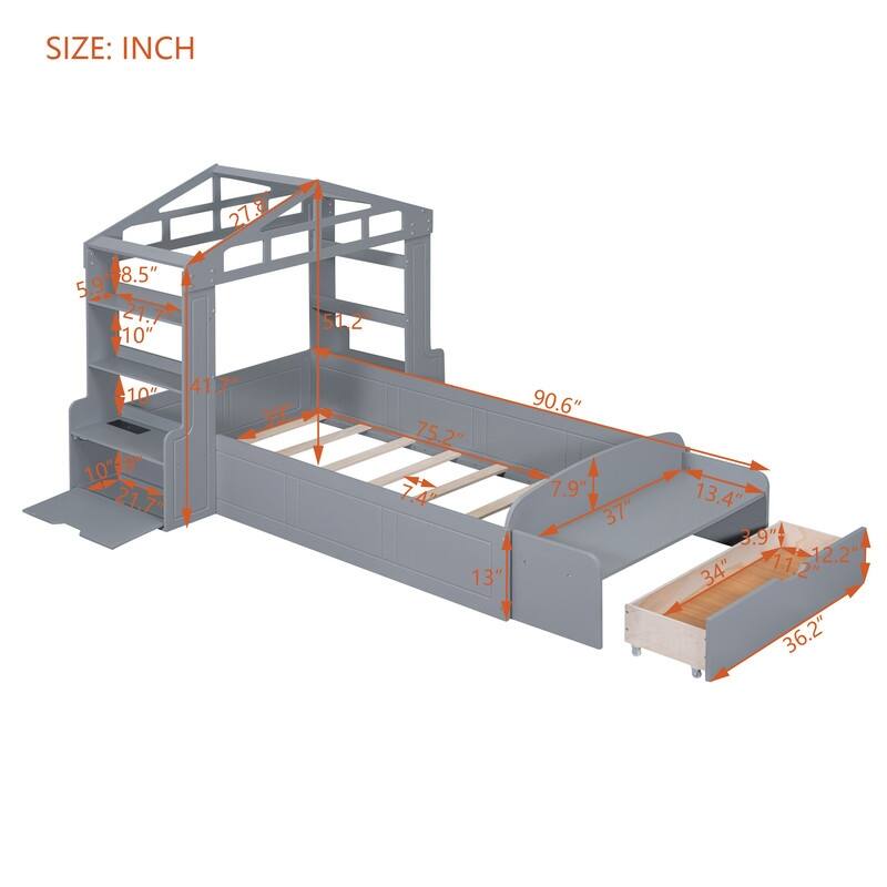 Twin House Bed with Bench, Floor Bed with USB Ports and Shelves,Grey