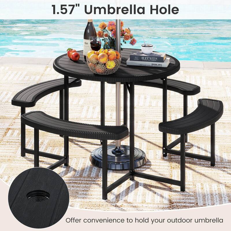 Costway Round Picnic Table Bench Set with 4 Benches Umbrella Hole All - See Details