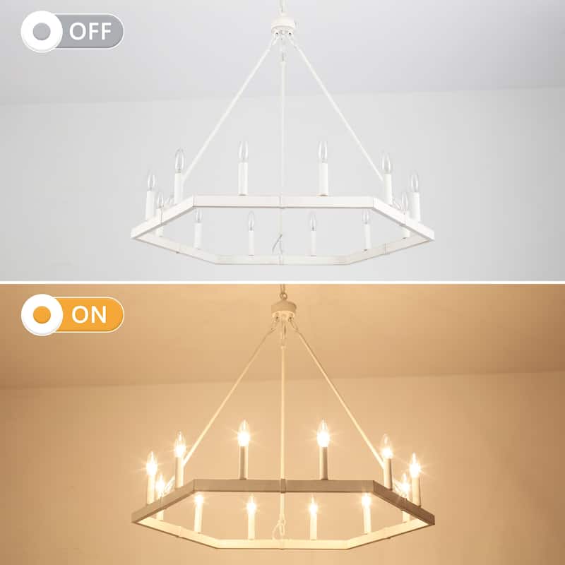 Modern Farmhouse 12-Light Hexagonal Design Wagon Wheel Chandelier for Dining Room Living Room Bedroom Kitchen - W35.43"x H27.83"