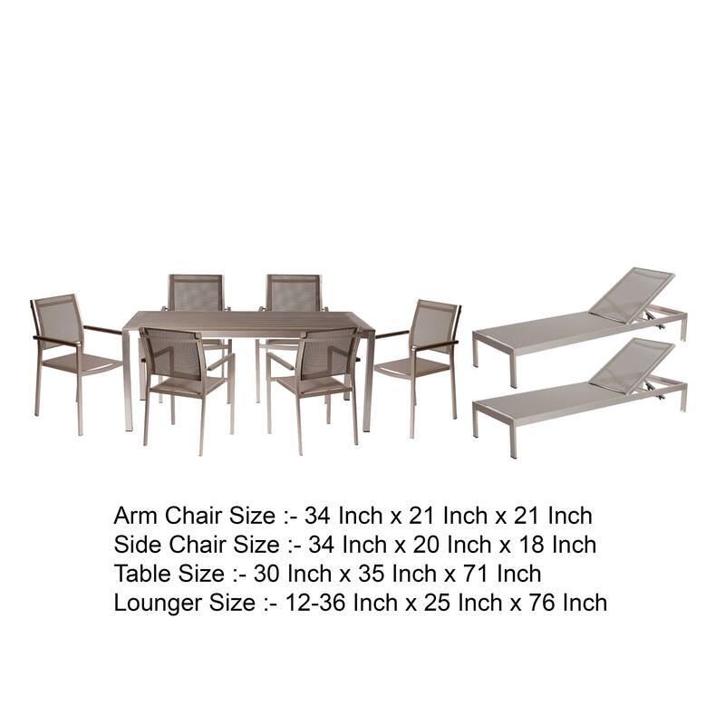 Kris 9 Piece Patio Dining and Lounge Set, Gray Textilene Seating, Aluminum