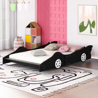 Full Race Car Bed with Wheels, Safety Rails, and Durable Wood Frame