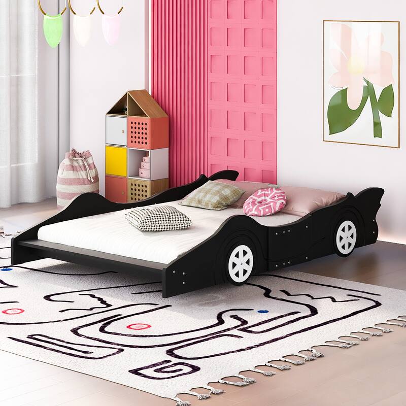 Full Size Race Car Platform Bed with Wheels in Black - Black