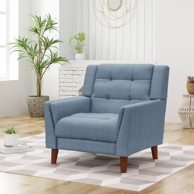 Blue Mid Century Modern Accent Chair, Comfy Fabric Living Room Chairs Wood Frame, Lounge Reading Armchair Wingback Chairs