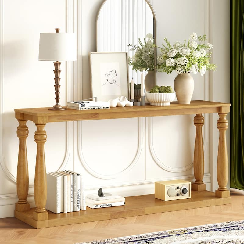 Vintage Wood Grain Console Table with Bottom Shelf and 4 Vase Legs, Suitable for Entryway, Hallway, Living Room, Bedroom - Natural