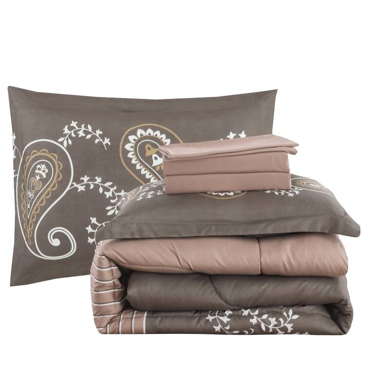 Bed in a Bag Soft Fluffy Goose Down Alternative Printed Comforter Set Includes Sheet Set, Taupe Floral Paisley Pattern