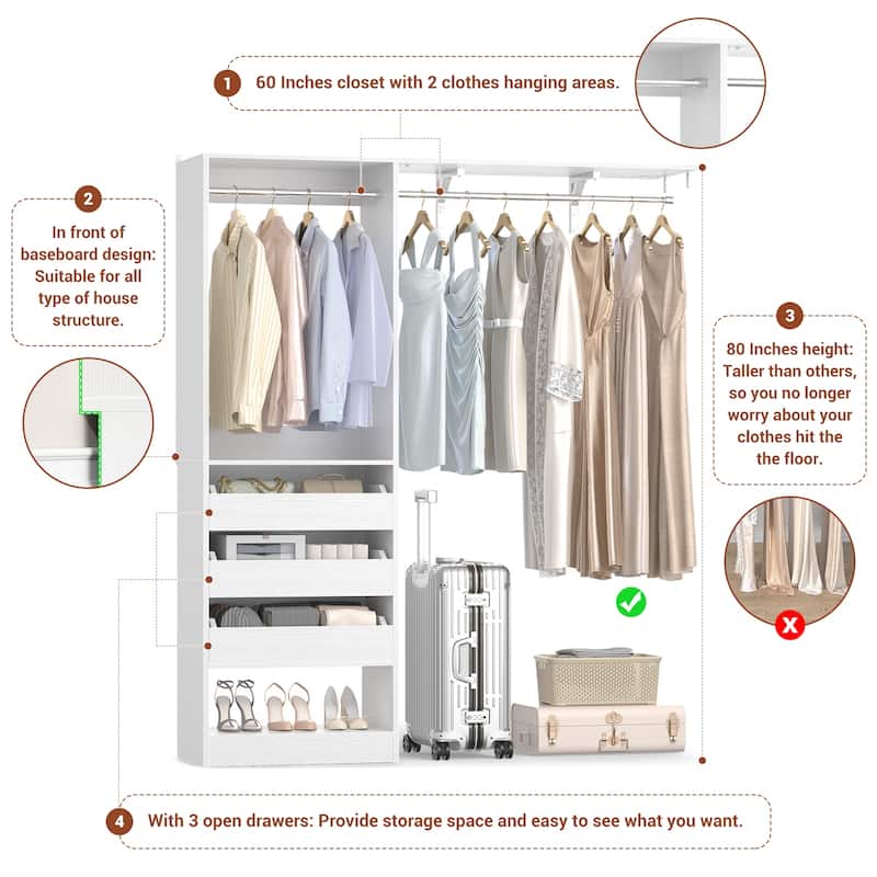 20"-60" Closet System with 3 Wooden Drawers and Sturdy Shelves and Retractable Rods