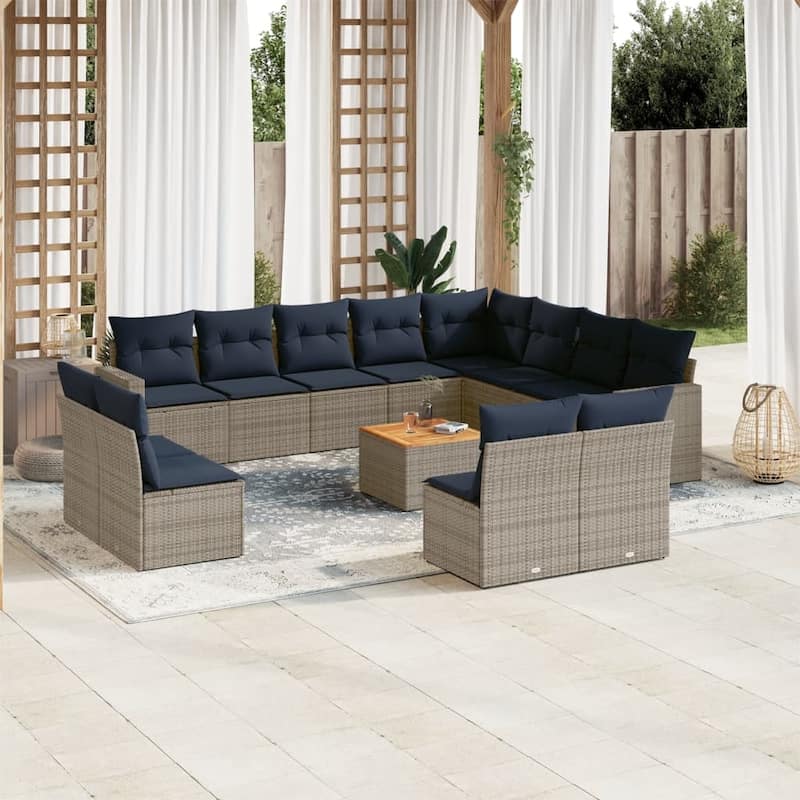 vidaXL 13 Piece Patio Sofa Set with Cushions Black Poly Rattan - 24.4" x 24.4" x 27.2" - Grey