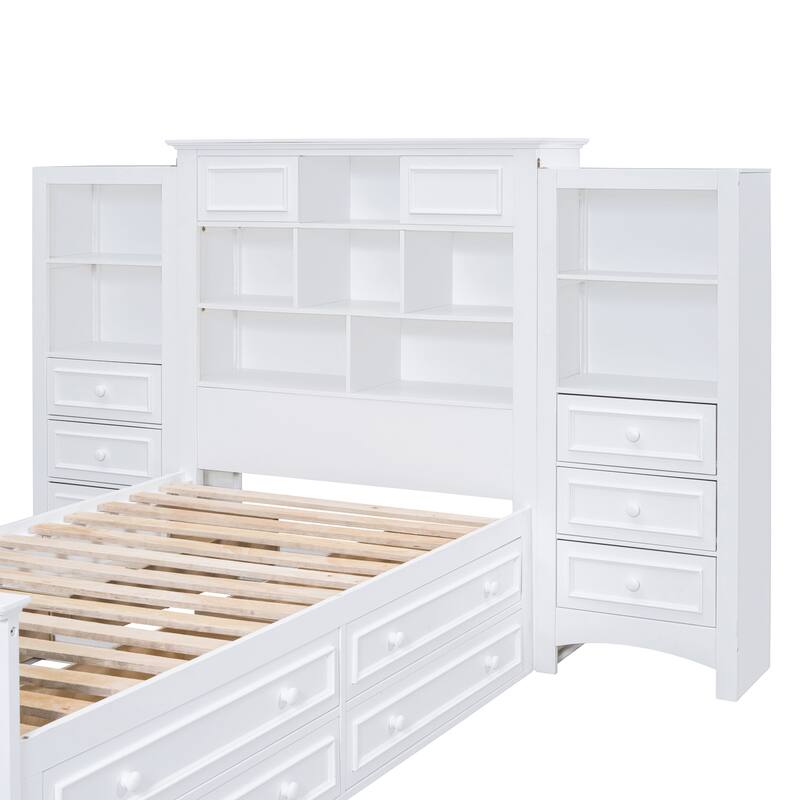 White Twin Size Wood Platform Bed with Vertical All-in-One Cabinet and 4 Drawers on each side
