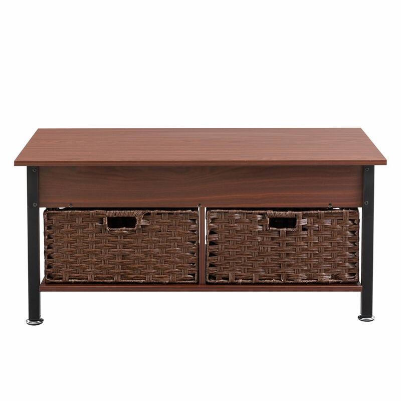 Metal Coffee Table with Lifting Top and Hidden Storage Space, Removable Wicker Baskets