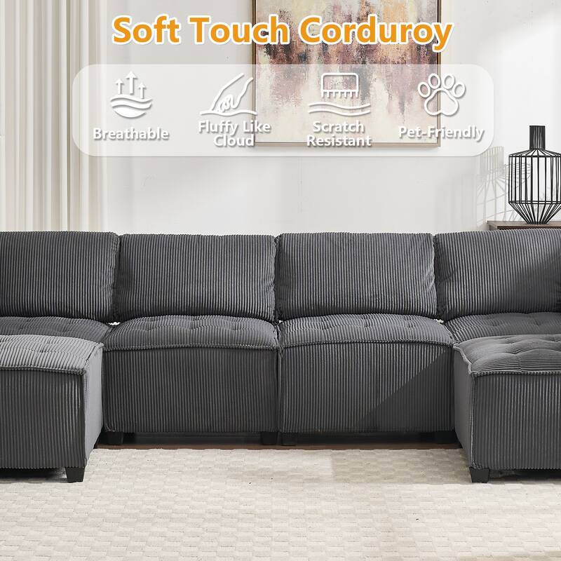 U-Shaped Modular Sectional Sofa, Oversized Corduroy Cloud Couch with Reversible Chaise, Comfy Convertible 6-Seat Corner Couch