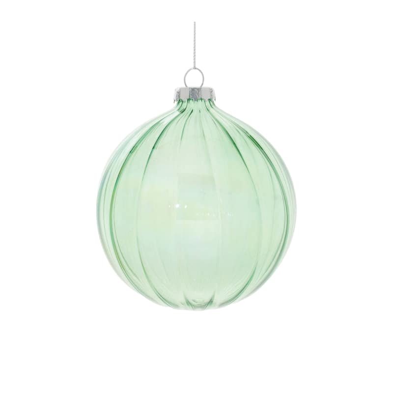 Green Glass Iridescent Ribbed Ornaments Set of 6 with Ball and Onion Shapes - 4” x 4” x 4” (L x W x H)