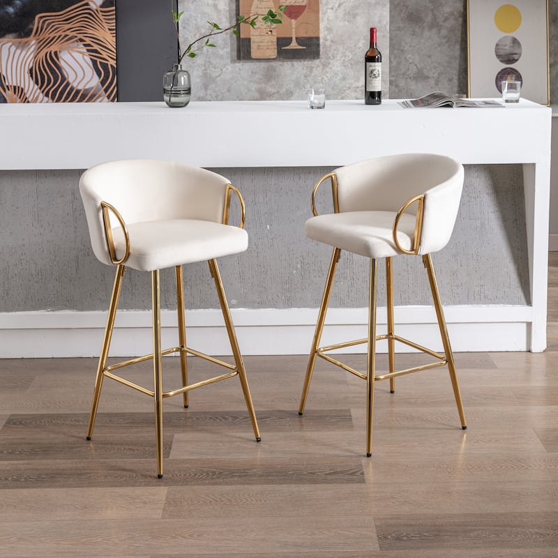 Set of 2 26" Bar Stools, Cream Velvet with Chrome Footrest & Gold Legs