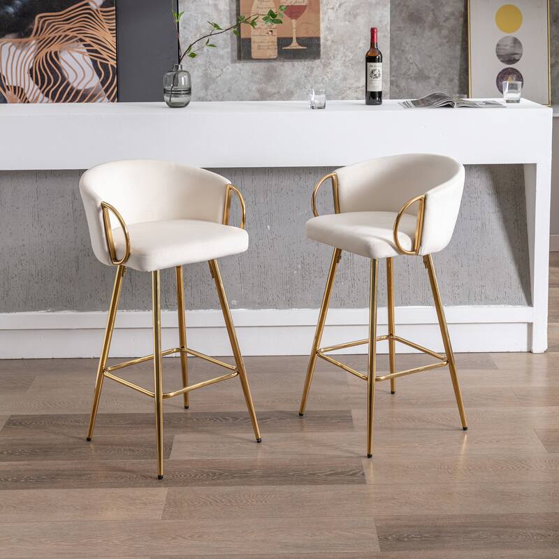 Velvet Bar Stools Set of 2, Counter Height Bar Chairs with Armrests, Kitchen Island Stools with Footrest and Golden Legs