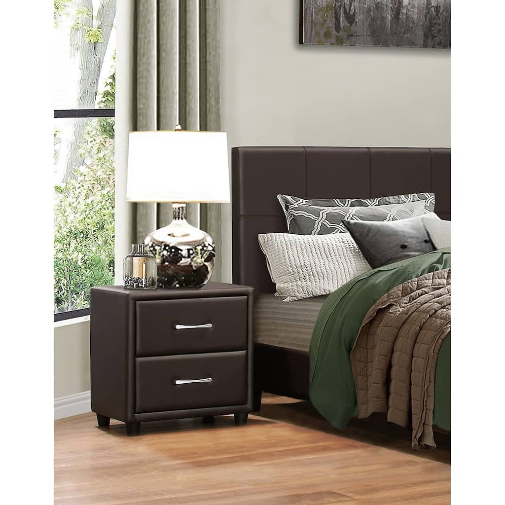 Contemporary 2-Drawer Nightstand with Silver Tone Bar Pulls and Faux Leather Upholstery