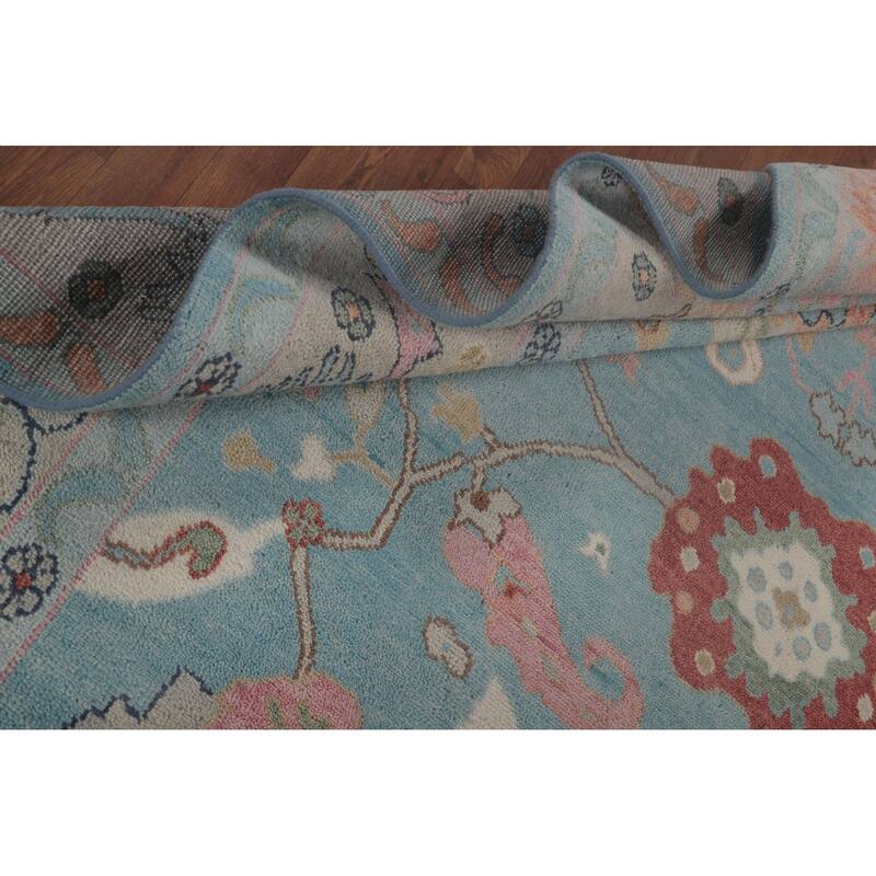 Light Blue Floral Oushak Oriental Area Rug Hand-Knotted Wool Carpet - 8'11" x 11'8"