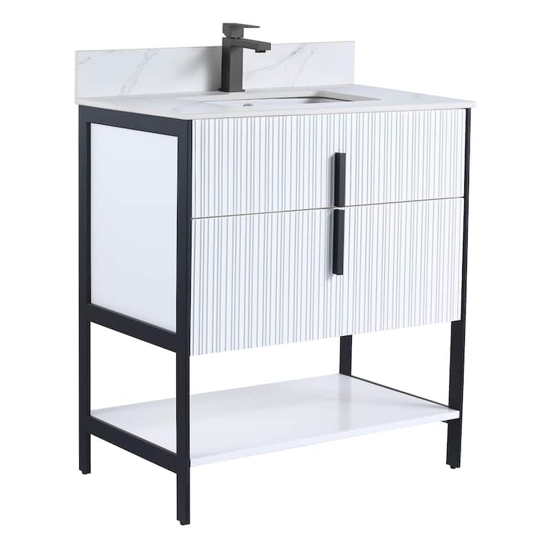 Fine Fixtures Serenity Modern Bathroom Vanity with White Carrara Stone Top - White Matte - Black Hardware - 30 inch