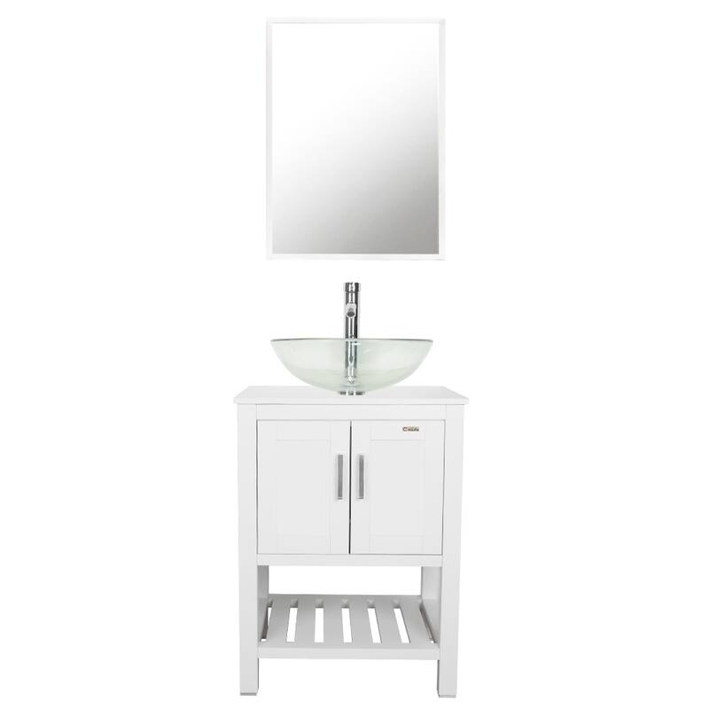 24" Bathroom Vanity Set Ceramic/ Tempered Glass Vessel Sink White Cabinet Combo Mirror Faucet Free-standing - clear round sink
