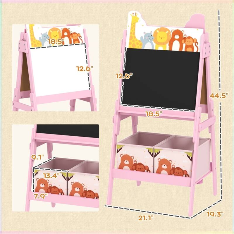 Children’s Art Easel 2-in-1 Pink MDF Board with Storage Boxes for Creative Playtime - 21.1" L x 19.3" W x 44.5" H