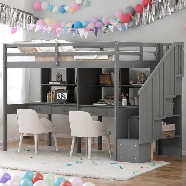 slide 2 of 18, Twin Loft Bed with Storage Staircase, Double Desks and Shelves, Grey Grey