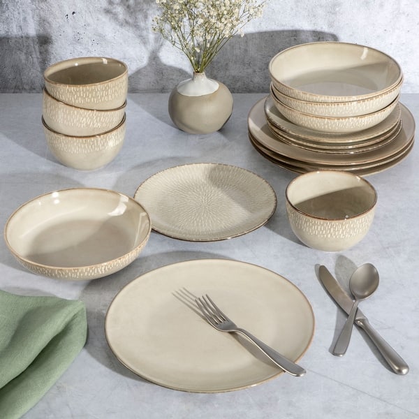 Gibson Elite Matisse 16-Piece Double Bowl Reactive Glaze Stoneware Dinnerware Set - Brown