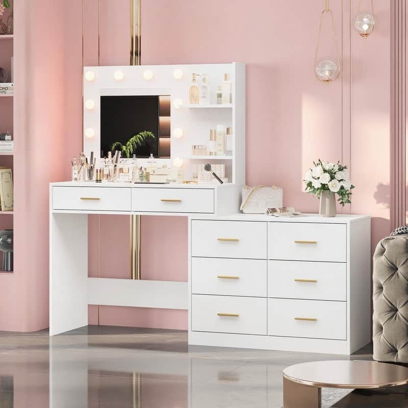 61" Makeup Vanity Desk with Mirror and Lights, 8 Drawers, 2 Shelves