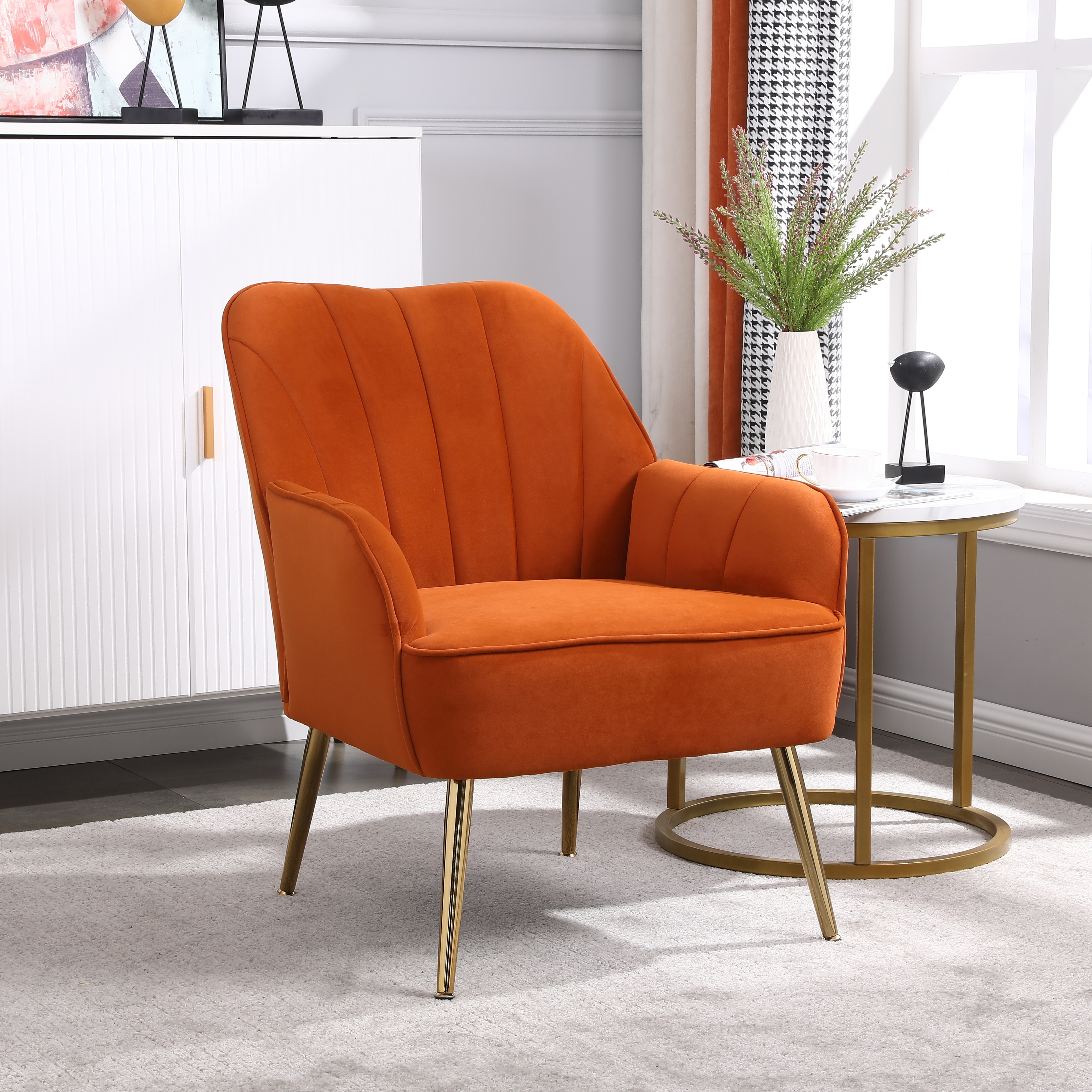 Living Room Armchair Velvet Fabric Upholstered Accent Chair Orange