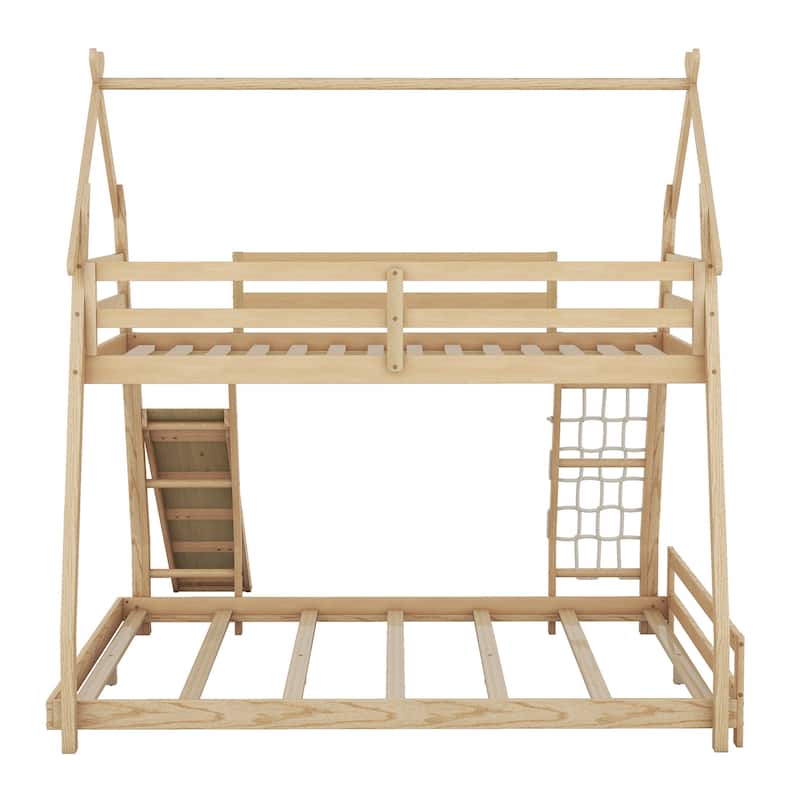 Roomfitters Twin over Queen House Bunk Bed with Climbing Ramp, Climbing Nets and Playhouse Design
